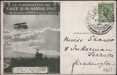 140849 1911 FIRST U.K. AERIAL POST LONDON POSTCARD IN OLIVE-GREEN TO KENSINGTON.