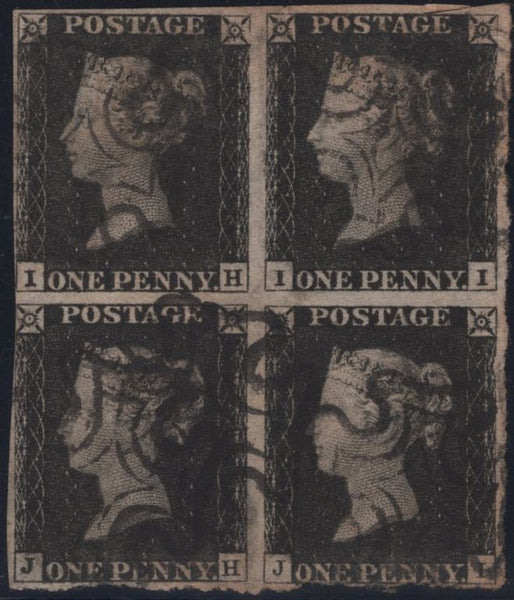 140884 1840 1D BLACK PL.1B (SG2) GOOD USED BLOCK OF FOUR WITH RE-ENTRIES.