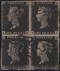 140884 1840 1D BLACK PL.1B (SG2) GOOD USED BLOCK OF FOUR WITH RE-ENTRIES.