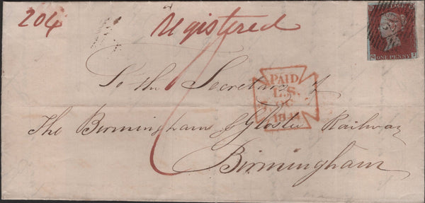140886 1844 LETTER REGISTERED MAIL LONDON TO BIRMINGHAM, 1D POSTAGE, 1/- REGISTRATION.