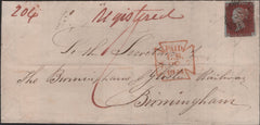 140886 1844 LETTER REGISTERED MAIL LONDON TO BIRMINGHAM, 1D POSTAGE, 1/- REGISTRATION.