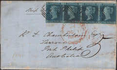 140887 1849 ENTIRE LEDBURY, HEREFORDSHIRE TO PORT PHILIP, AUSTRALIA, FINE STRIP OF FOUR 2D BLUE PL.3 (SG14).
