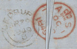 140887 1849 ENTIRE LEDBURY, HEREFORDSHIRE TO PORT PHILIP, AUSTRALIA, FINE STRIP OF FOUR 2D BLUE PL.3 (SG14).