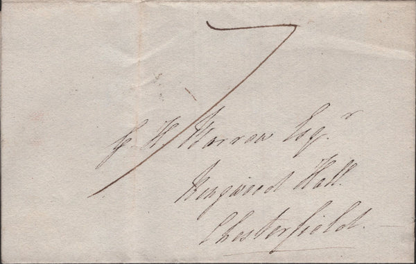 140961 1833 MAIL ASHBOURN, DERBYS TO CHESTERFIELD WITH 'TOO LATE' HAND STAMP OF ASHBOURN IN RED (DY33).
