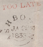 140961 1833 MAIL ASHBOURN, DERBYS TO CHESTERFIELD WITH 'TOO LATE' HAND STAMP OF ASHBOURN IN RED (DY33).