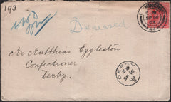 140968 1903 UNDELIVERED MAIL BIRMINGHAM TO DERBY WITH MANUSCRIPT 'Deceased' AND ON REVERSE GOOD STRIKES RARE 'DERBY' SQUARED CIRCLE.