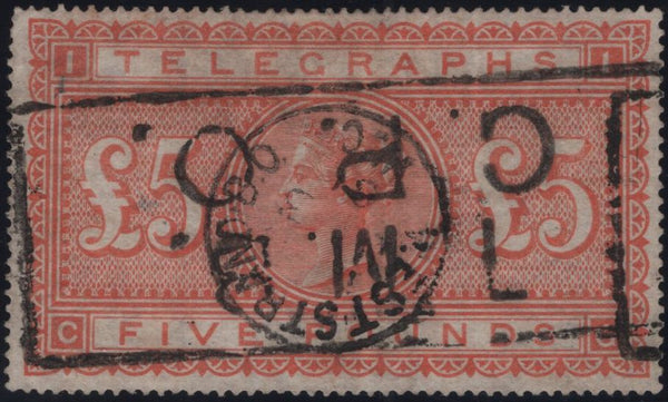 140982 1877 £5 ORANGE TELEGRAPH (T18/SPEC L237) GOOD USED.