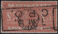 140982 1877 £5 ORANGE TELEGRAPH (T18/SPEC L237) GOOD USED.