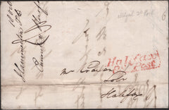 140984 1831 MAIL TODMORDEN, LANCS TO HALIFAX WITH 'Halifax/Py Post' HAND STAMP IN RED (YK1211).
