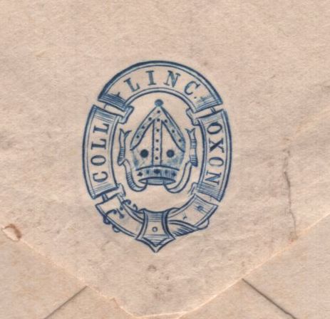 140992 CIRCA 1877 ENVELOPE FROM LINCOLN COLLEGE, OXFORD TO CORPUS CHRISTI COLLEGE WITH LINCOLN COLLEGE 1D DEEP BLUE COLLEGE STAMP (CS11).