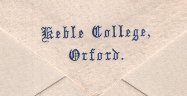 140994 CIRCA 1879 ENVELOPE KEBLE COLLEGE, USED LOCALLY WITH KEBLE COLLEGE ½D ULTRAMARINE COLLEGE STAMP (CS9).