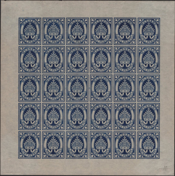 141014 1877 1D INDIGO LINCOLN COLLEGE, OXFORD COLLEGE STAMP IMPERFORATE COMPLETE SHEET OF 30 PLATE PROOF (CS11).