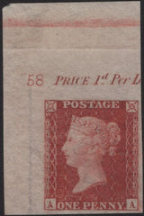 141017 1857 DIE 2 1D PL.58 SUPERB UPPER LEFT CORNER MARGINAL IMPRIMATUR WITH PLATE NUMBER AND INSCRIPTION.