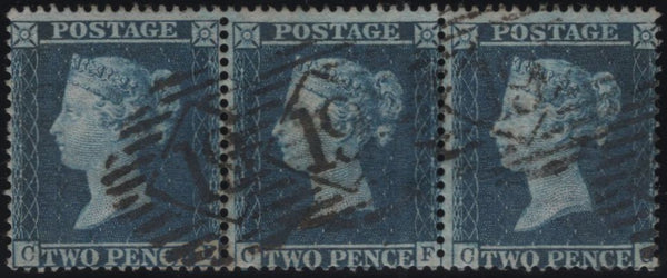 141018 1858 2D BLUE PL.6 L.C.16 (SG36a) VERY FINE USED STRIP OF THREE.