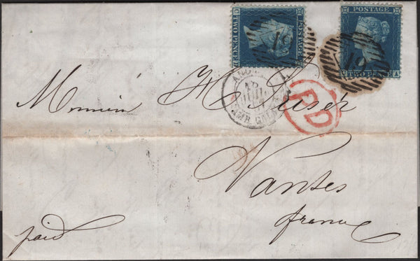 141025 1857 MAIL LONDON TO NANTES, FRANCE WITH 2D BLUE PL.6 (SG35) X 2.
