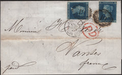 141025 1857 MAIL LONDON TO NANTES, FRANCE WITH 2D BLUE PL.6 (SG35) X 2.
