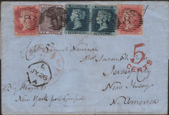 141026 1857 THREE COLOUR COMBINATION LONDON TO NEW JERSEY, AMERICA WITH 1D (SG38), 2D (SG34) AND 6D (SG68).