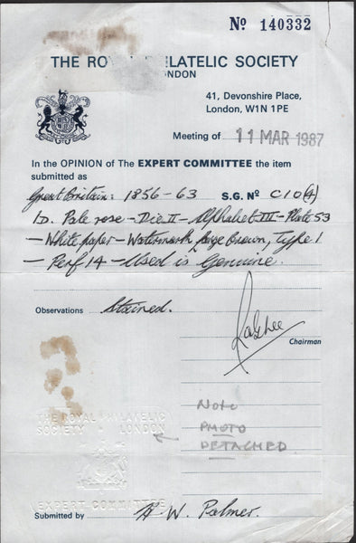 141027 1857 DIE 2 1D FROM THE VERY RARE PLATE 53 (SG39 SPEC C9A(1) GOOD USED.