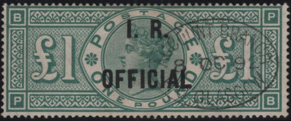 141036 1892 £1 GREEN 'I.R. OFFICIAL' (SGO16) GOOD TO FINE USED.