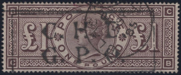 141037 1884 £1 BROWN-LILAC WMK CROWNS (SG185) GOOD USED.