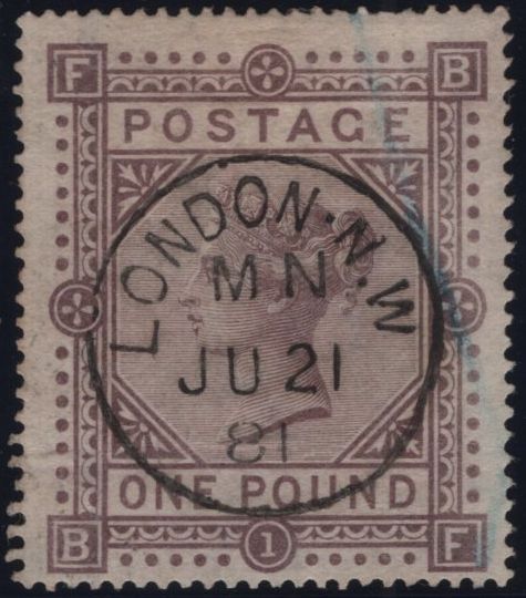 141038 1878 £1 BROWN-LILAC (SG129) GOOD USED WITH 'LONDON' CDS.