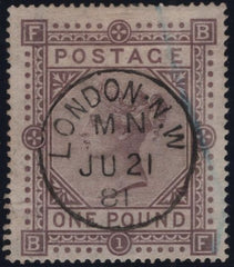 141038 1878 £1 BROWN-LILAC (SG129) GOOD USED WITH 'LONDON' CDS.