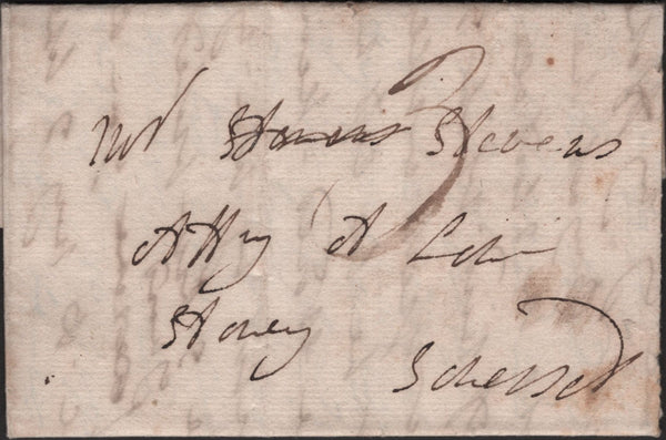141040 1792? MAIL BRISTOL TO STOWEY, SOMERSET WITH 'BRISTOLL' SERPENTINE HAND STAMP WITH ERROR OF SPELLING (BS40).