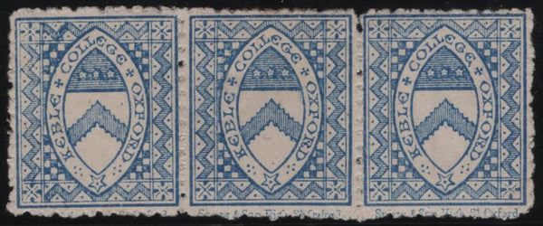 141046 1876 ½D ULTRAMARINE KEBLE COLLEGE, OXFORD COLLEGE STAMP (CS8) VERY FINE UNUSED STRIP OF THREE.