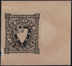 141050 1893 PROFESSOR NAPIER DIE PROOF OF ST JOHN'S COLLEGE, OXFORD COLLEGE STAMP (CS17) CUT DOWN.