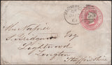 141066 1861 1D PINK ENVELOPE MANCHESTER TO LONGTON, STAFFS WITH 'MANCHESTER/498' SPOON (RA92).