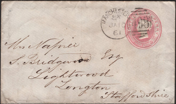 141066 1861 1D PINK ENVELOPE MANCHESTER TO LONGTON, STAFFS WITH 'MANCHESTER/498' SPOON (RA92).