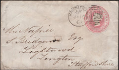 141066 1861 1D PINK ENVELOPE MANCHESTER TO LONGTON, STAFFS WITH 'MANCHESTER/498' SPOON (RA92).