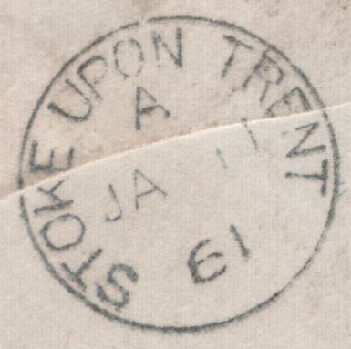 141066 1861 1D PINK ENVELOPE MANCHESTER TO LONGTON, STAFFS WITH 'MANCHESTER/498' SPOON (RA92).