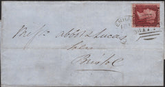 141072 1857 MAIL CHELTENHAM TO BRISTOL WITH DIE 2 1D (SG40) VERY RARE 'CHELTENHAM/177' SPOON CANCELLATION (RA29).