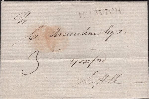 141080 1792 MAIL IPSWICH TO YOXFORD, SUFFOLK WITH 'IPSWICH' HAND STAMP (SK187).