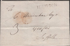 141080 1792 MAIL IPSWICH TO YOXFORD, SUFFOLK WITH 'IPSWICH' HAND STAMP (SK187).