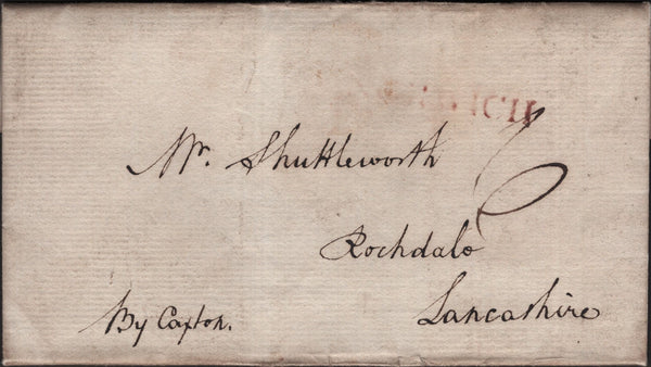 141081 1792 MAIL DISS, SUFFOLK TO ROCHDALE WITH 'IPSWICH' HAND STAMP AND MANUSCRIPT 'By Caxton'.