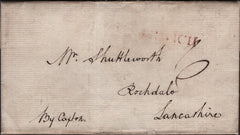 141081 1792 MAIL DISS, SUFFOLK TO ROCHDALE WITH 'IPSWICH' HAND STAMP AND MANUSCRIPT 'By Caxton'.