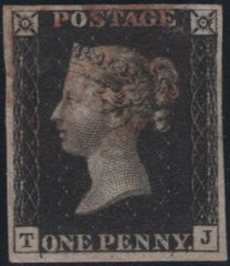141108 1840-1841 MATCHED PAIR 1D BLACK PL.8 (SG2) AND 1D RED (SG7) LETTERED TJ WITH MAJOR RE-ENTRY.