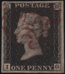 141118 1840-1841 MATCHED TRIO 1D BLACK PL.8 (SG2) X 2 WITH BLACK AND RED MALTESE CROSSES, ALSO 1D RED (SG7) ALL LETTERED IG.