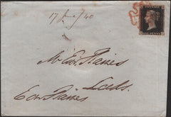141119 1840 MAIL LONDON TO LEEDS WITH 1D BLACK PL.5 (SG2) USED 17th JUNE 1840, FIRST RECORDED DAY OF USE PLATE FIVE.