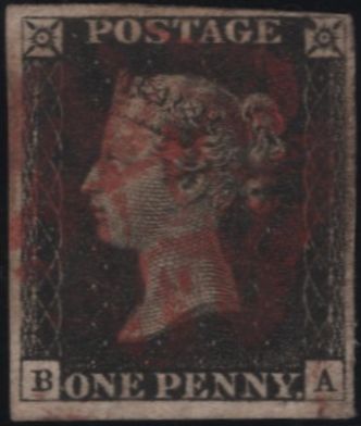 141122 1840 MATCHED PAIR 1D GREY-BLACK PL.1A (SG3) AND 1D BLACK PL.1B (SG2) LETTERED BA.