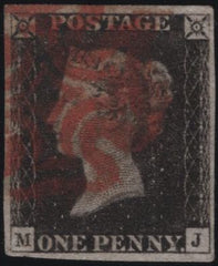 141125 1840-1841 MATCHED PAIR 1D BLACK PL.1B (SG2) AND 1D RED (SG7) LETTERED MJ, 1D BLACK WITH RE-ENTRY.