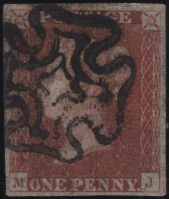 141125 1840-1841 MATCHED PAIR 1D BLACK PL.1B (SG2) AND 1D RED (SG7) LETTERED MJ, 1D BLACK WITH RE-ENTRY.
