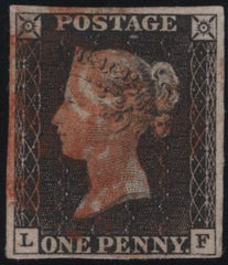 141126 1840 MATCHED PAIR 1D GREY-BLACK PL.1A (SG3) AND 1D BLACK PL.1B (SG2) LETTERED LF, PLATE 1A VERTICAL GUIDE LINE.