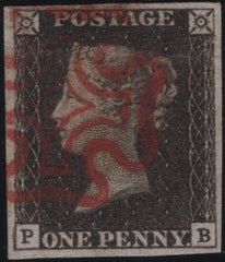 141127 1840 MATCHED PAIR 1D BLACK PL.1A (SG2) AND 1D BLACK PL.1B (SG2) LETTERED PB, PL.1A SHOWING 'P SQUARE RE-CUT' (SPEC AS2b).