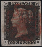 141127 1840 MATCHED PAIR 1D BLACK PL.1A (SG2) AND 1D BLACK PL.1B (SG2) LETTERED PB, PL.1A SHOWING 'P SQUARE RE-CUT' (SPEC AS2b).