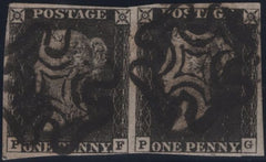 141129 1840 1D BLACK PL.1B (SG2) GOOD USED HORIZONTAL PAIR LETTERED PF PG.