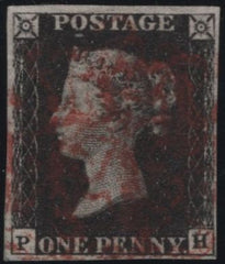 141131 1840-1841 MATCHED PAIR 1D BLACK PL.5 (SG2) AND 1D RED (SG7) LETTERED PH WITH CONSTANT VARIETY  'H DOUBLE' .