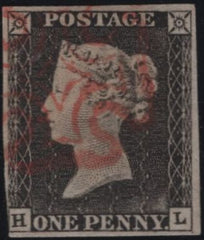 141139 1840 MATCHED TRIO LETTERED HL 1D GREY-BLACK PL.1A (SG3), 1D BLACK PL.1B (SG2) AND 1D RED PL.1B (SG7), PLATE 1B's CONSTANT VARIETY.